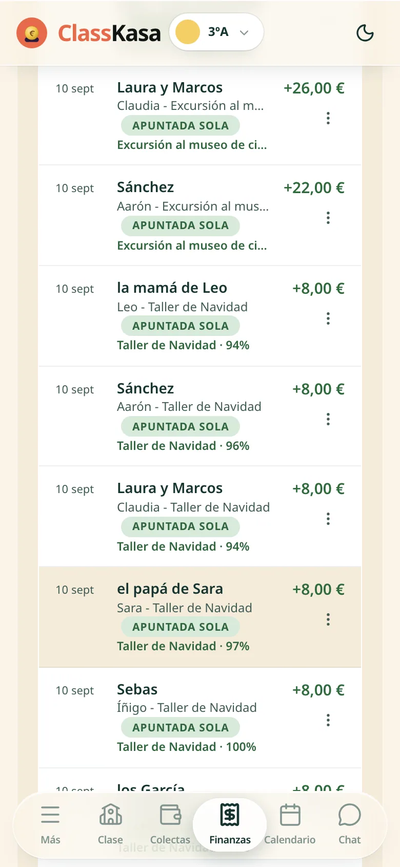 Transferencias del banco en ClassKasa: fila tras fila, el apellido de la familia, la etiqueta apuntada sola y el importe