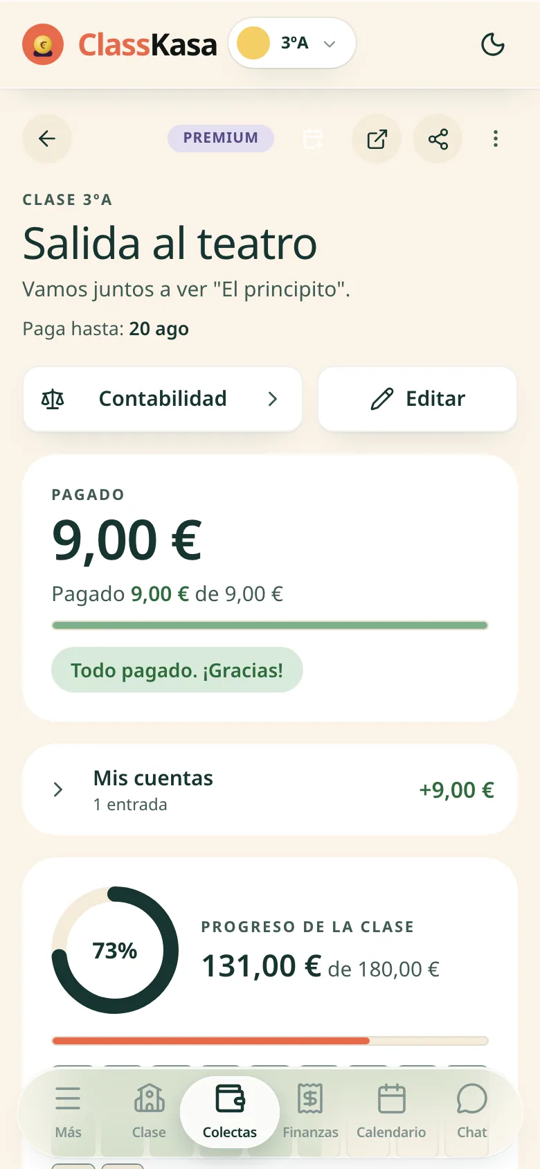 Una colecta de clase para una excursión en ClassKasa: la fecha, cuánto ha pagado esta familia, el progreso de la clase