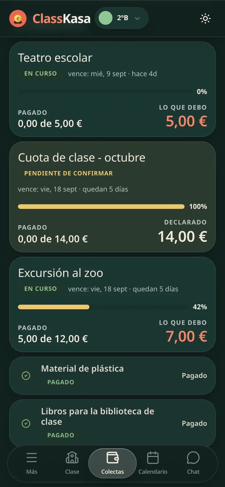 El dinero de clase de una familia en ClassKasa: lo que debe, lo que espera confirmación, lo que está pagado