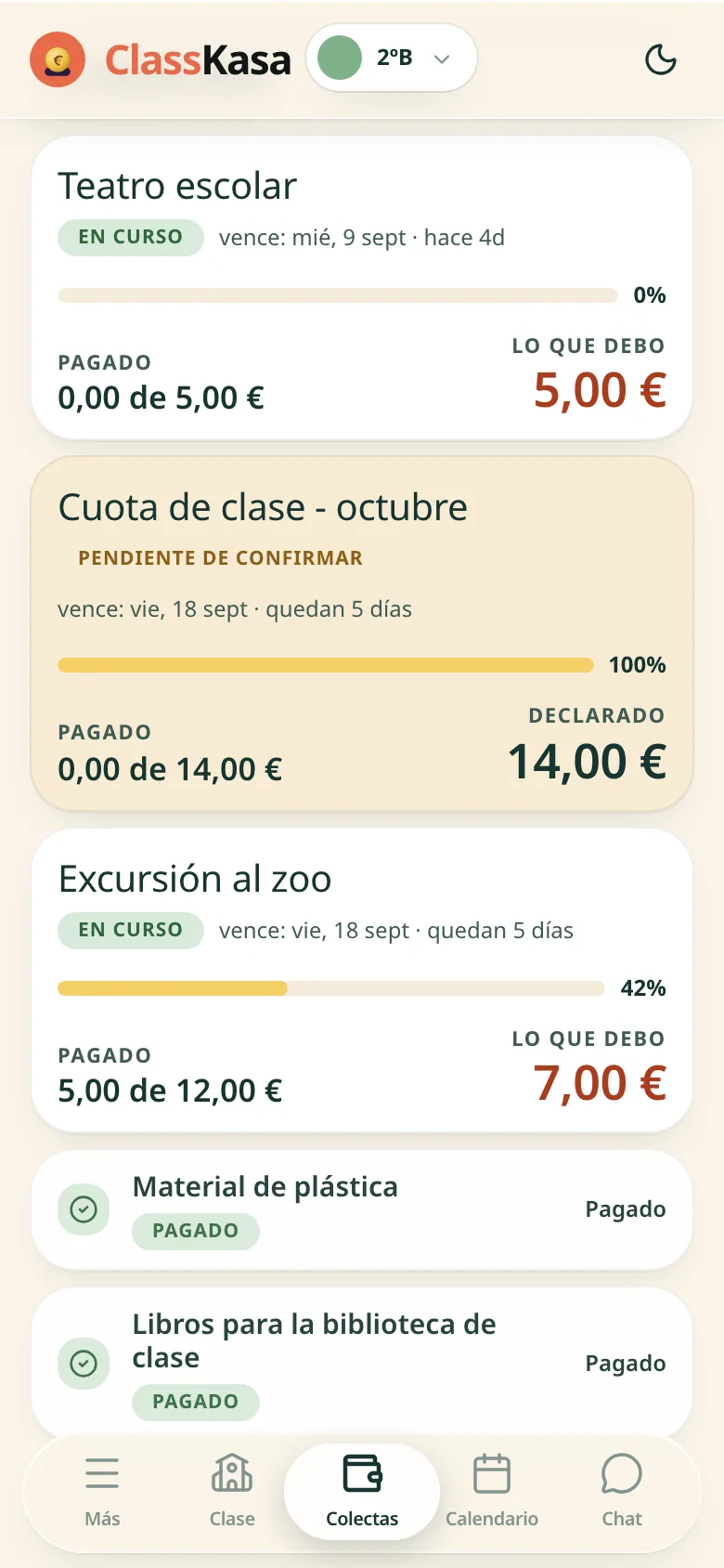 El dinero de clase de una familia en ClassKasa: lo que debe, lo que espera confirmación, lo que está pagado