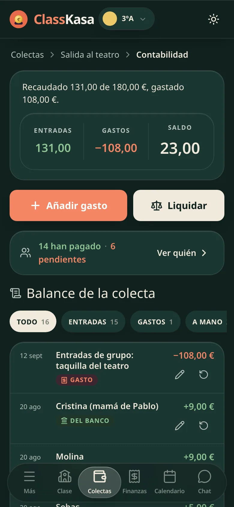 La liquidación de una colecta de clase en ClassKasa: recaudado, gastado, saldo y el balance línea a línea