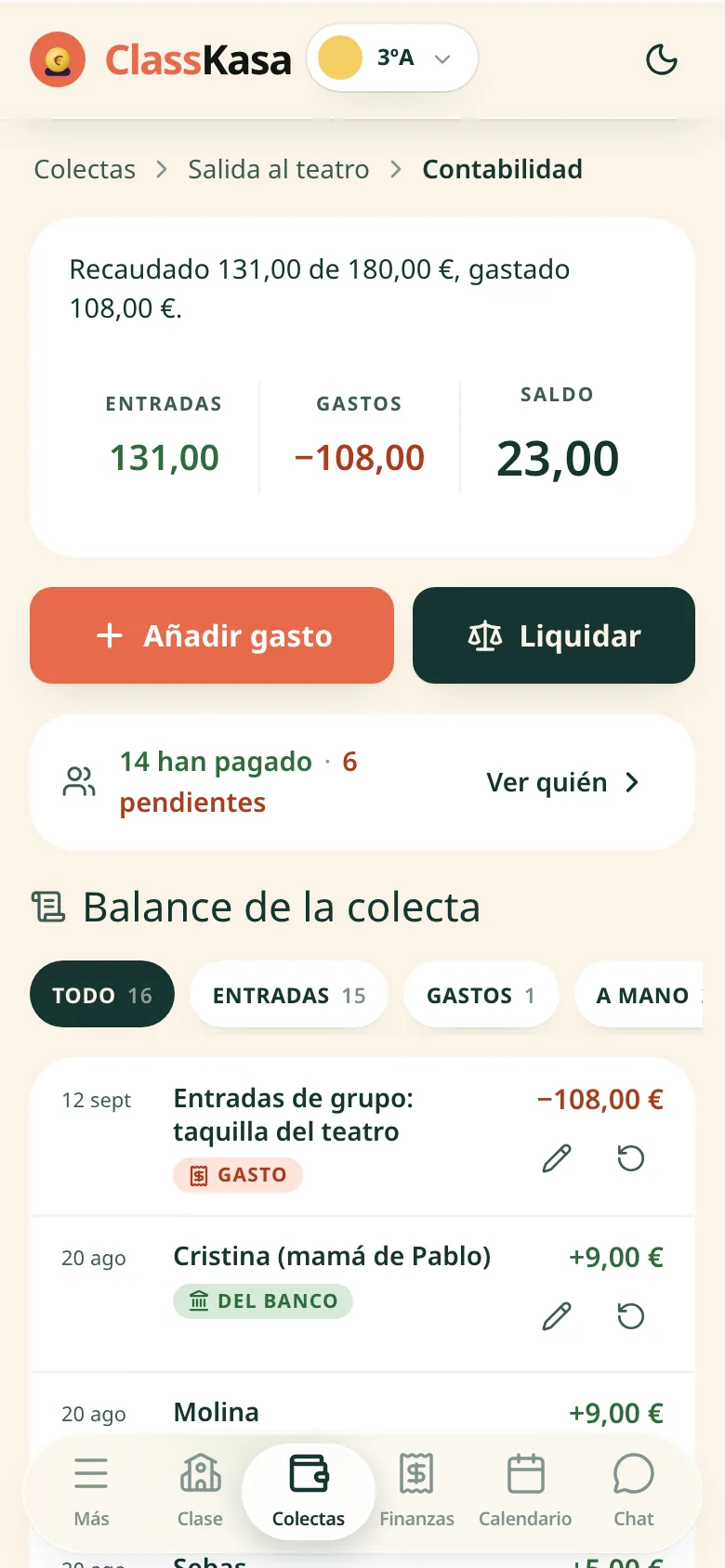 La liquidación de una colecta de clase en ClassKasa: recaudado, gastado, saldo y el balance línea a línea