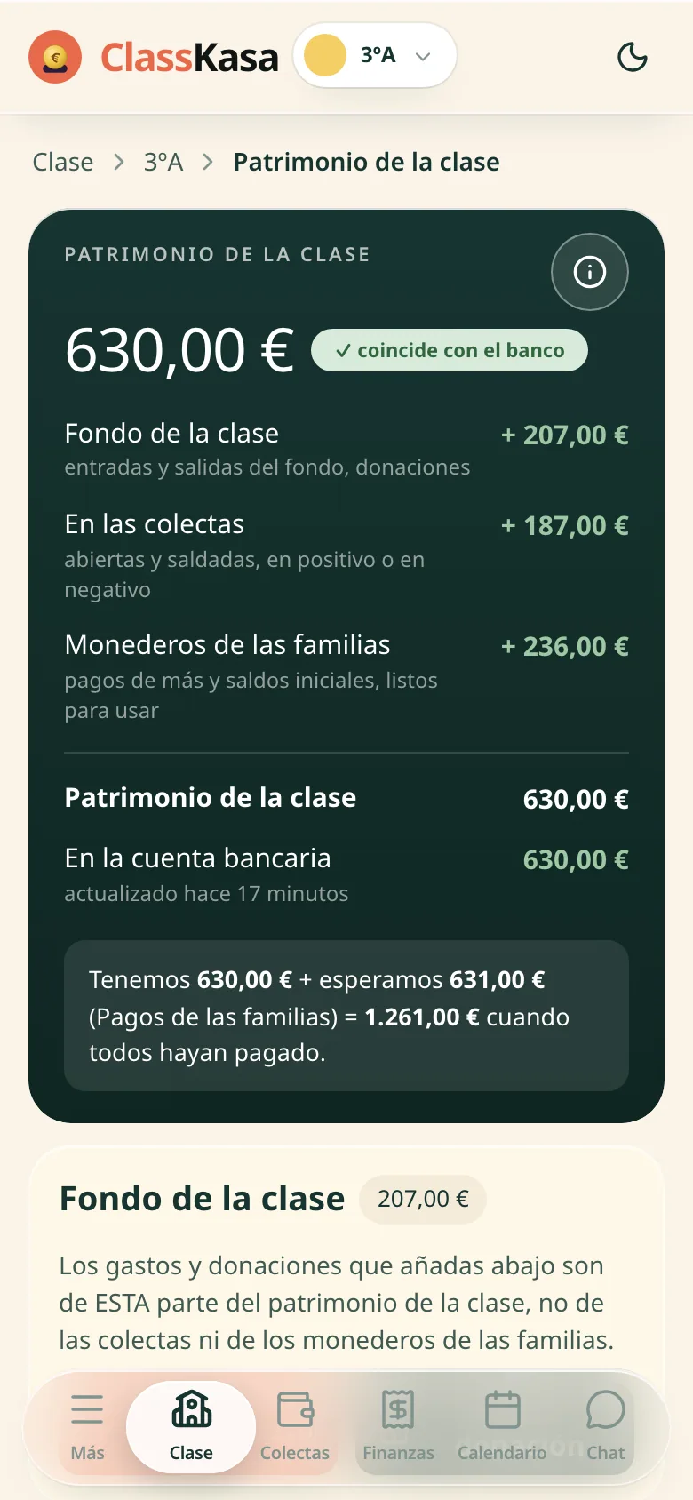 El dinero de la clase en ClassKasa: el patrimonio de la clase dividido en fondo, saldos de colectas y carteras de familias, cuadrado con el banco
